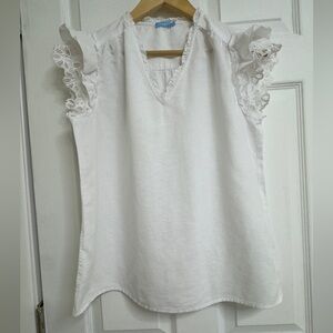 J. McLaughlin White Linen V-Neck Top with Lace Flutter Sleeves